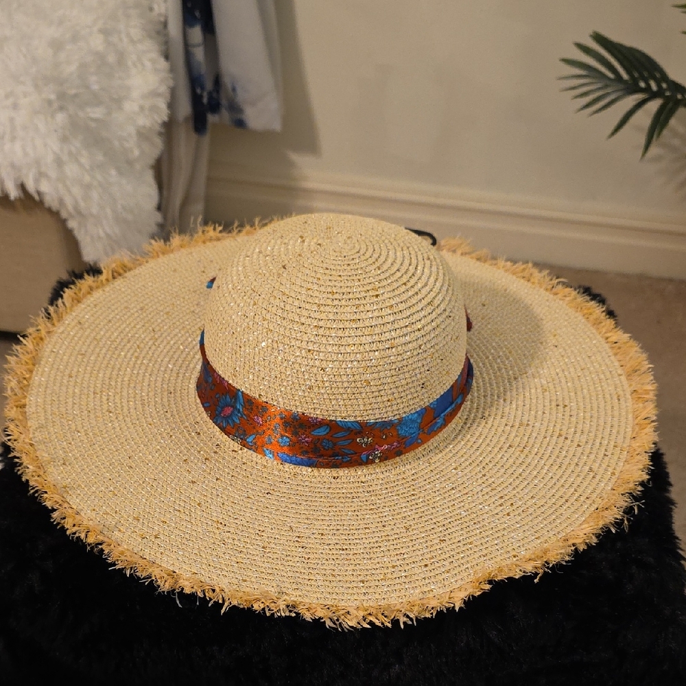 Unique Vintage Tan Sun Hat with Blue and Red Floral Band